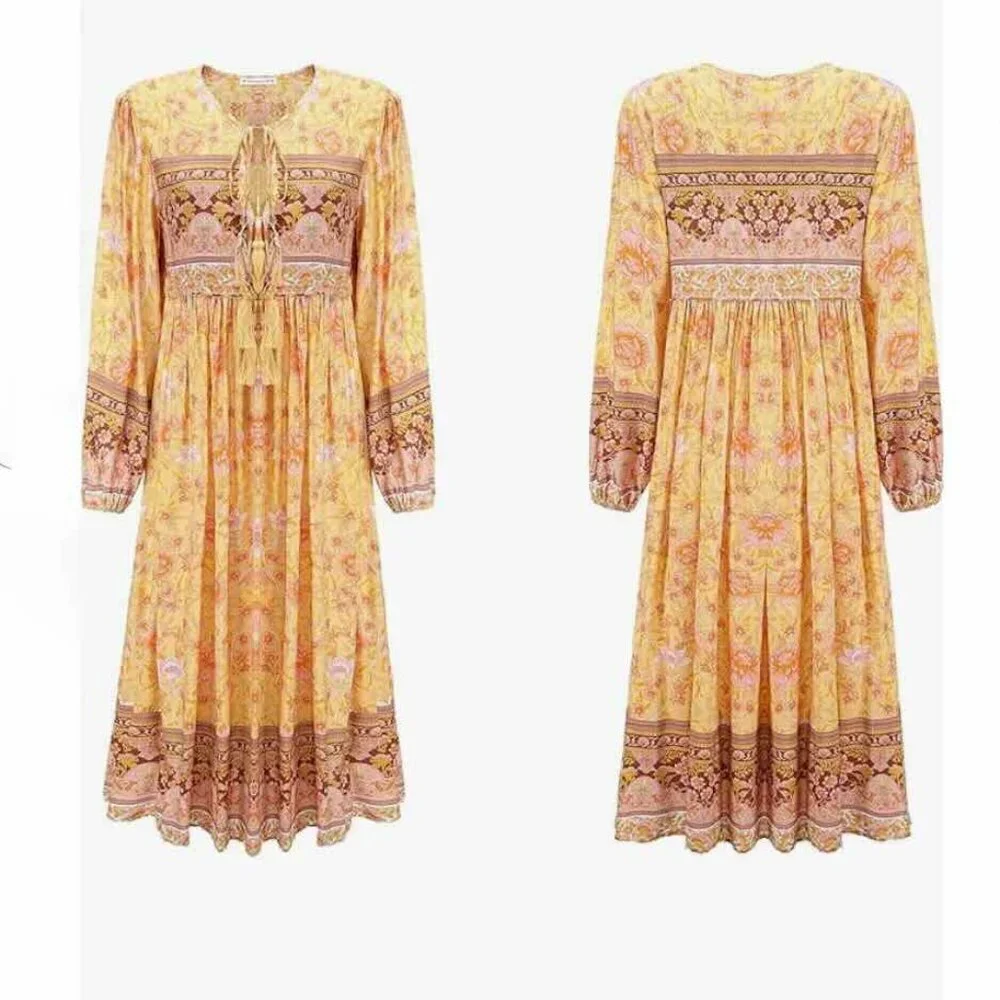 R.Vivimos Women Long Sleeve Floral V Neck Tassel Boho Festival Dress M, Sz 8, 10 - Picture 4 of 13